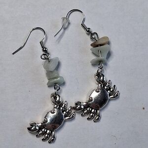 Handcrafted Silver Tone Crab & Sea Glass Style Dangle Earrings